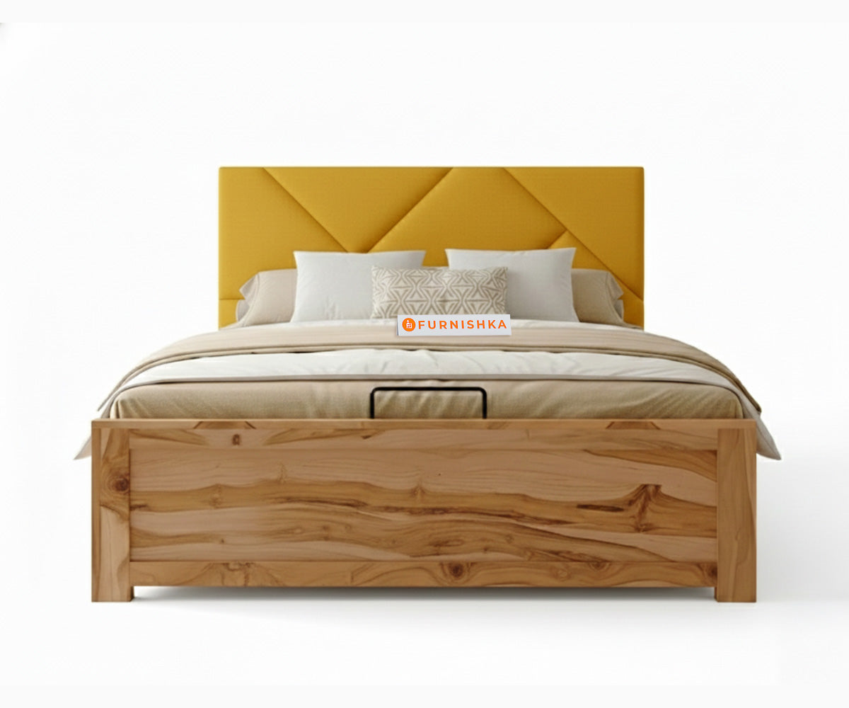 Agatha Real Teak Wood Hydraulic Bed King Size Mustard Yellow - Furnishka 