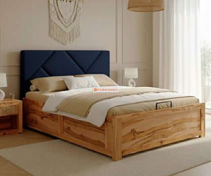 Agatha Real Teak Wood Hydraulic Bed King Size Persian Blue - Furnishka 