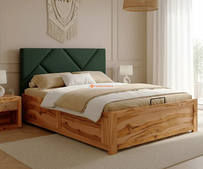 Agatha Real Teak Wood Hydraulic Bed King Size Pine Green