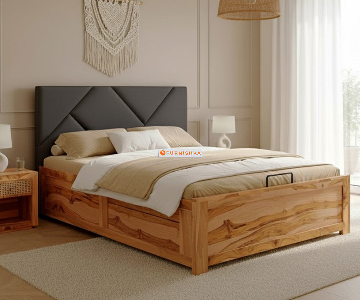 Agatha Real Teak Wood Hydraulic Bed King Size Space Grey - Furnishka 