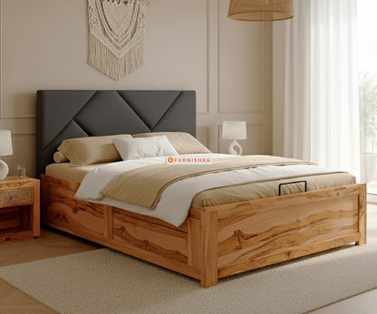 Agatha Real Teak Wood Hydraulic Bed King Size Space Grey - Furnishka 