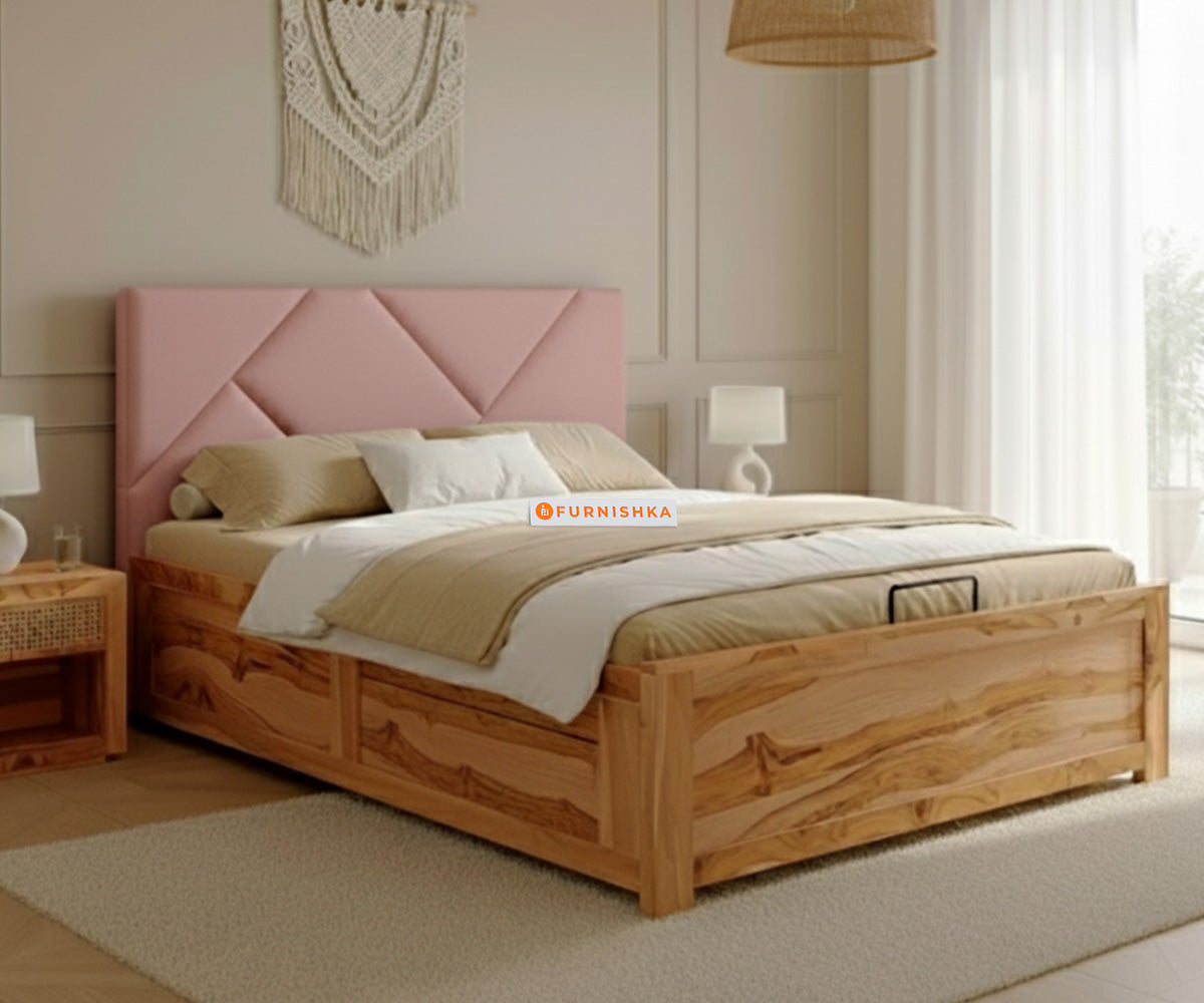 Agatha Real Teak Wood Hydraulic Bed Queen Size Flamingo Pink - Furnishka 