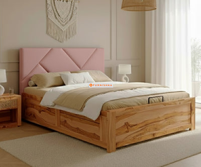 Agatha Real Teak Wood Hydraulic Bed Queen Size Flamingo Pink