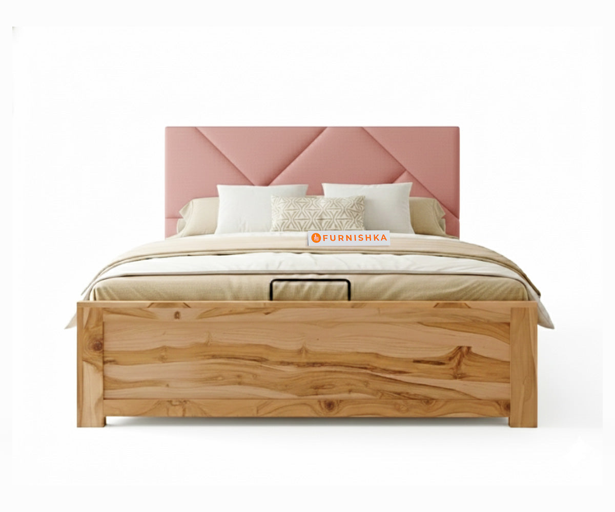 Agatha Real Teak Wood Hydraulic Bed Queen Size Flamingo Pink - Furnishka 