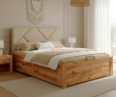 Agatha Real Teak Wood Hydraulic Bed Queen Size Light Beige