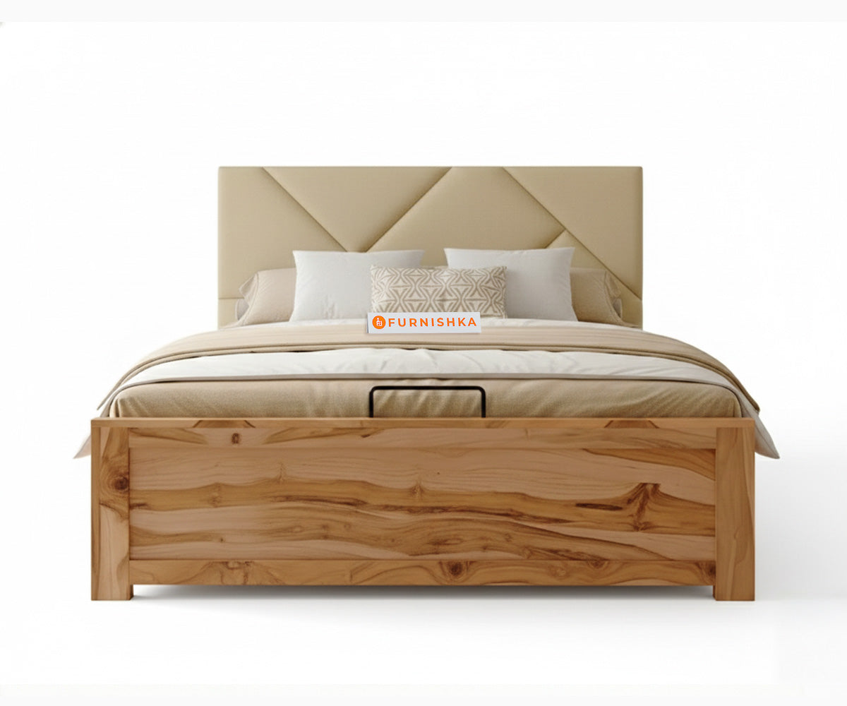 Agatha Real Teak Wood Hydraulic Bed Queen Size Light Beige - Furnishka 