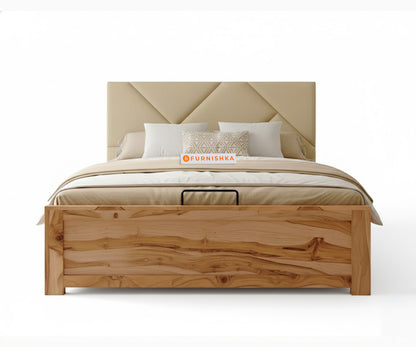 Agatha Real Teak Wood Hydraulic Bed Queen Size Light Beige - Furnishka 