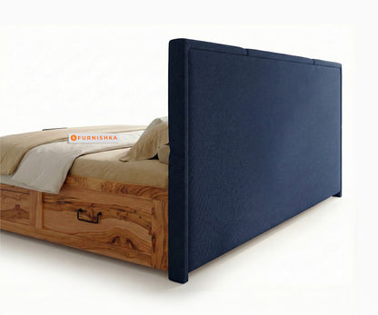 Agatha Real Teak Wood Hydraulic Bed Queen Size Persian Blue - Furnishka 