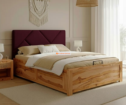 Agatha Real Teak Wood Hydraulic Bed Queen Size Red Wine - Furnishka 