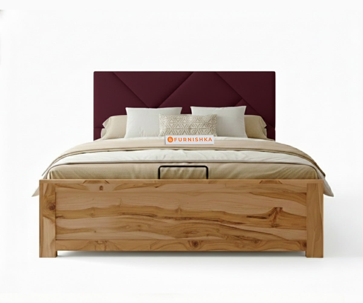 Agatha Real Teak Wood Hydraulic Bed Queen Size Red Wine - Furnishka 