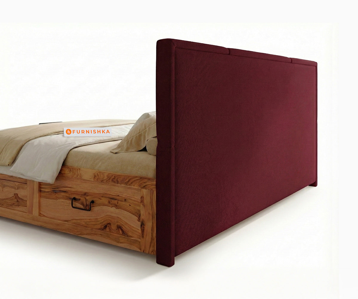 Agatha Real Teak Wood Hydraulic Bed Queen Size Red Wine - Furnishka 
