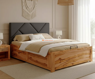 Agatha Real Teak Wood Hydraulic Bed Queen Size Space Grey