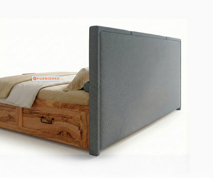 Agatha Real Teak Wood Hydraulic Bed Queen Size Space Grey - Furnishka 
