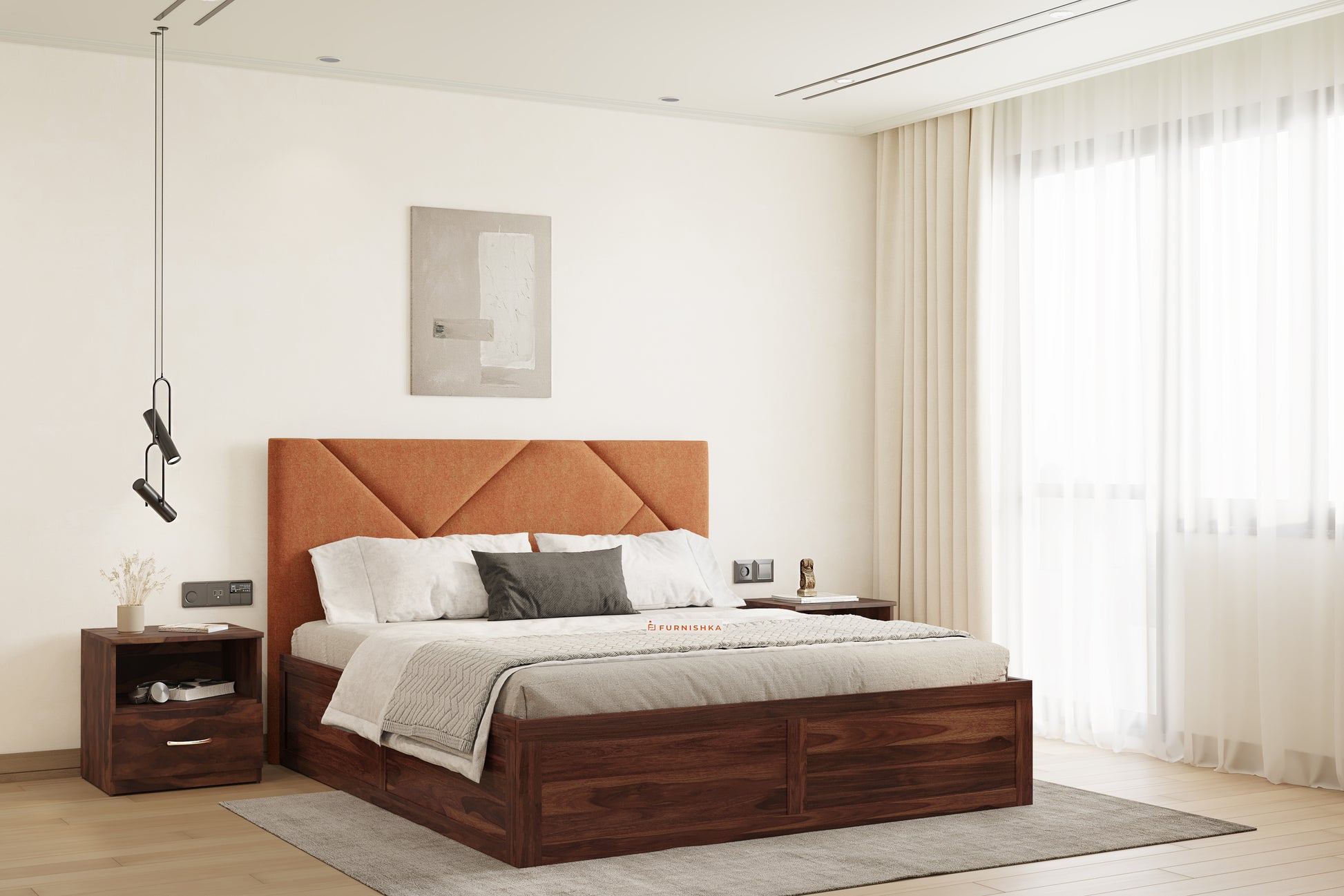 Agatha Sheesham Wood bed with Upholstered headboard Box Storage King Size - Furnishka 