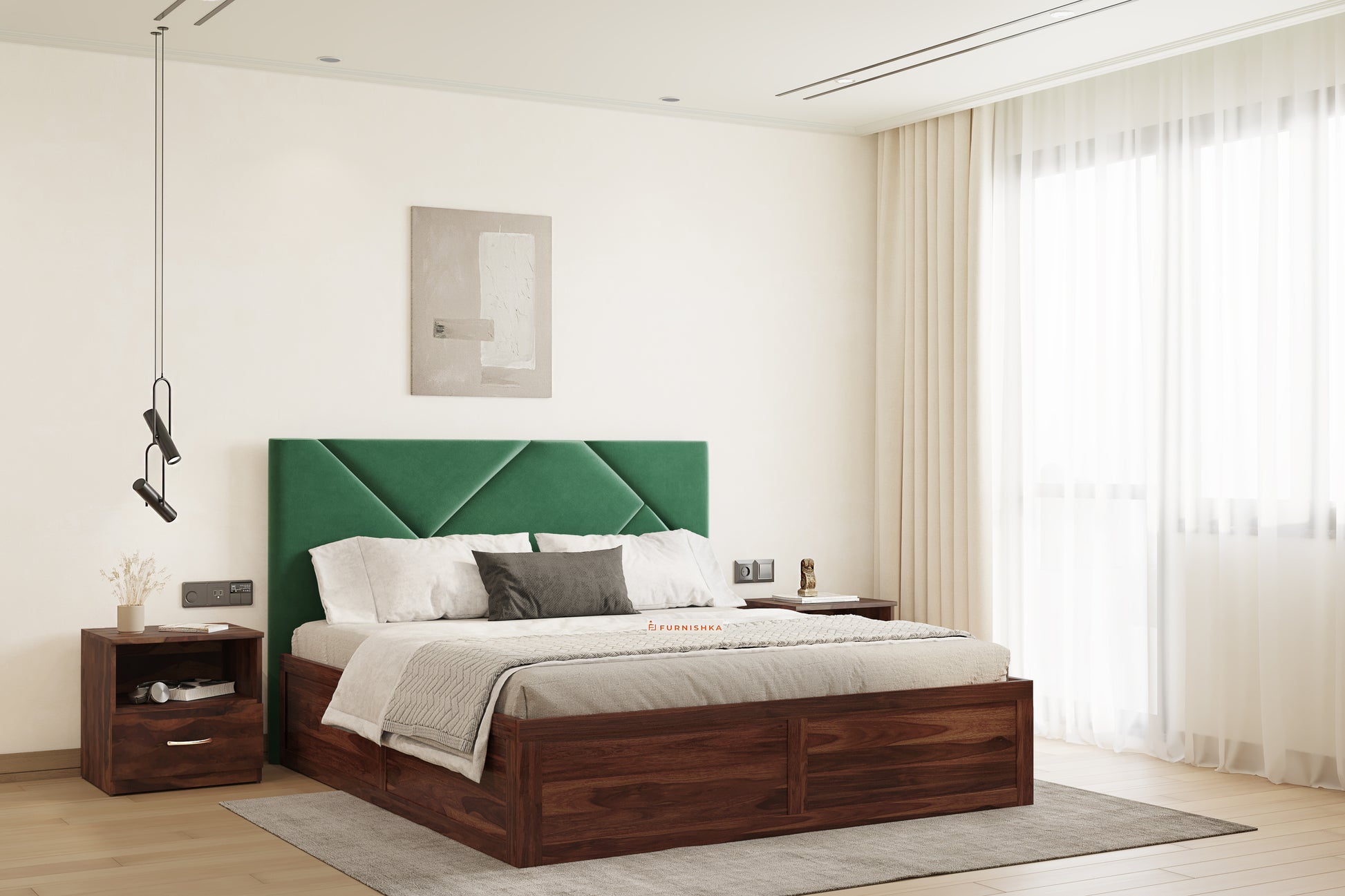 Agatha Sheesham Wood bed with Upholstered headboard Box Storage Queen Size - Furnishka 