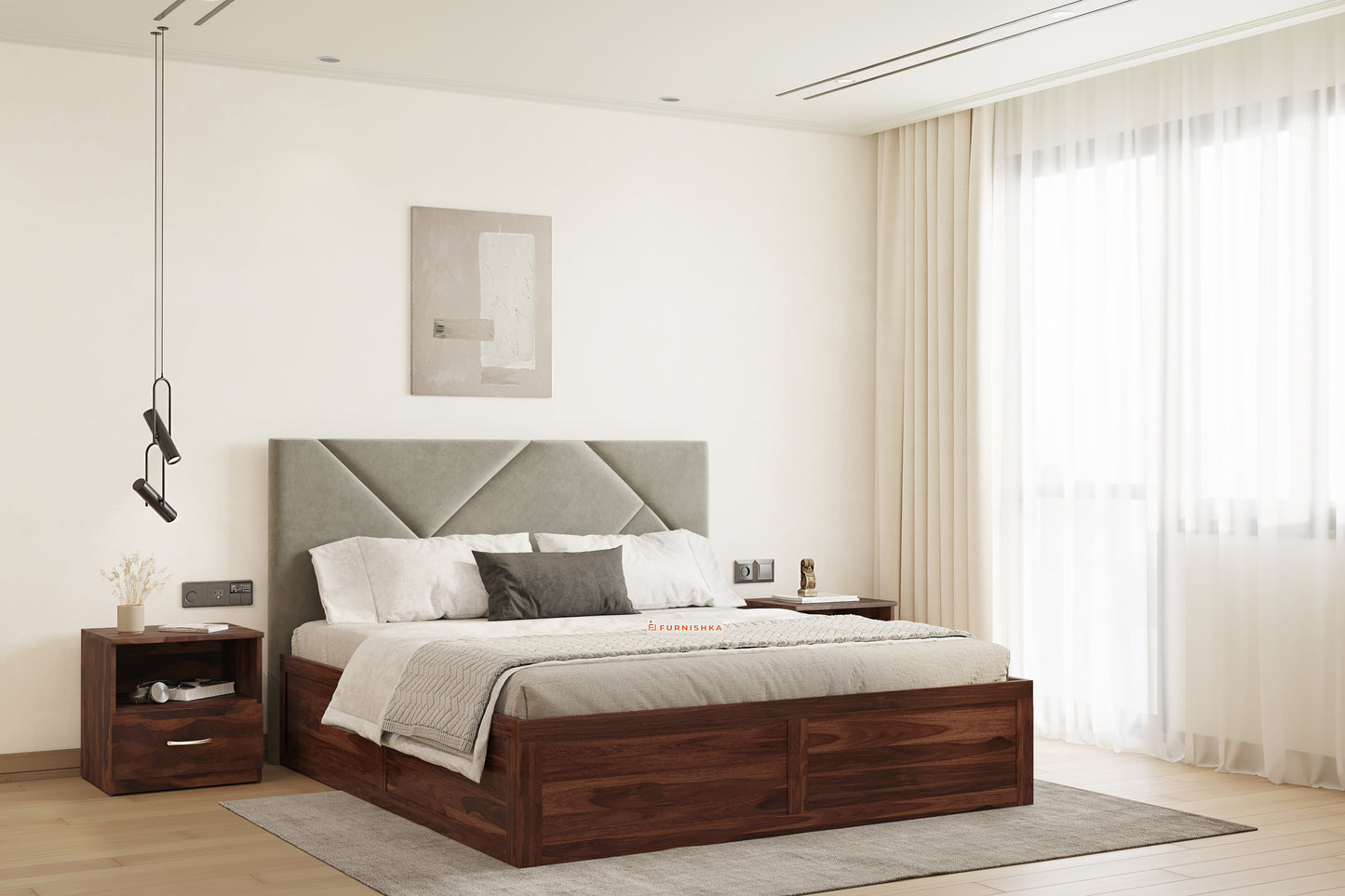 Agatha Sheesham Wood bed with Upholstered headboard Box Storage Queen Size - Furnishka 