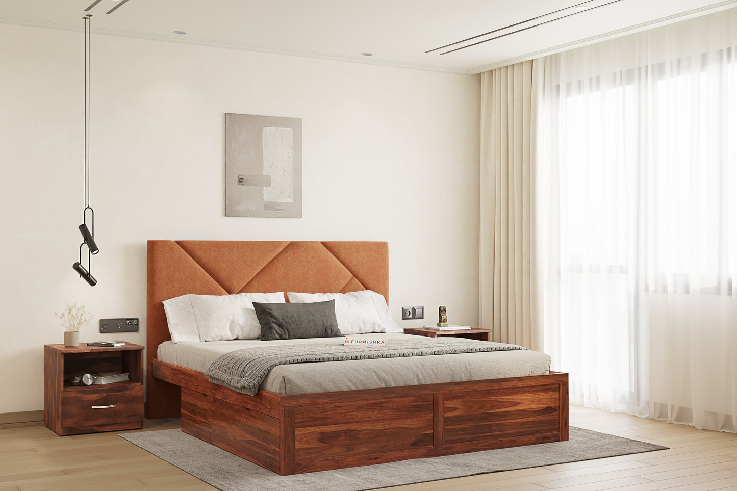 Agatha Sheesham Wood bed with Upholstered headboard Drawer Storge King Size - Furnishka 