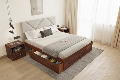 Agatha Sheesham Wood bed with Upholstered headboard Drawer Storge Queen Size - Furnishka 