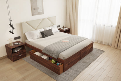 Agatha Sheesham Wood bed with Upholstered headboard Drawer Storge Queen Size - Furnishka 