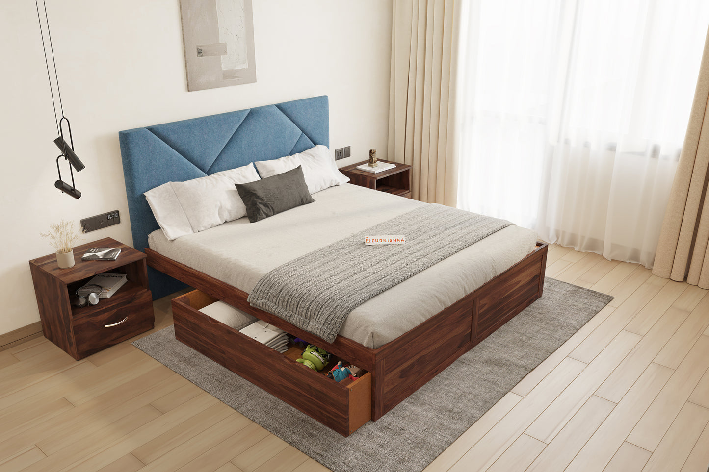 Agatha Sheesham Wood bed with Upholstered headboard Drawer Storge Queen Size - Furnishka 