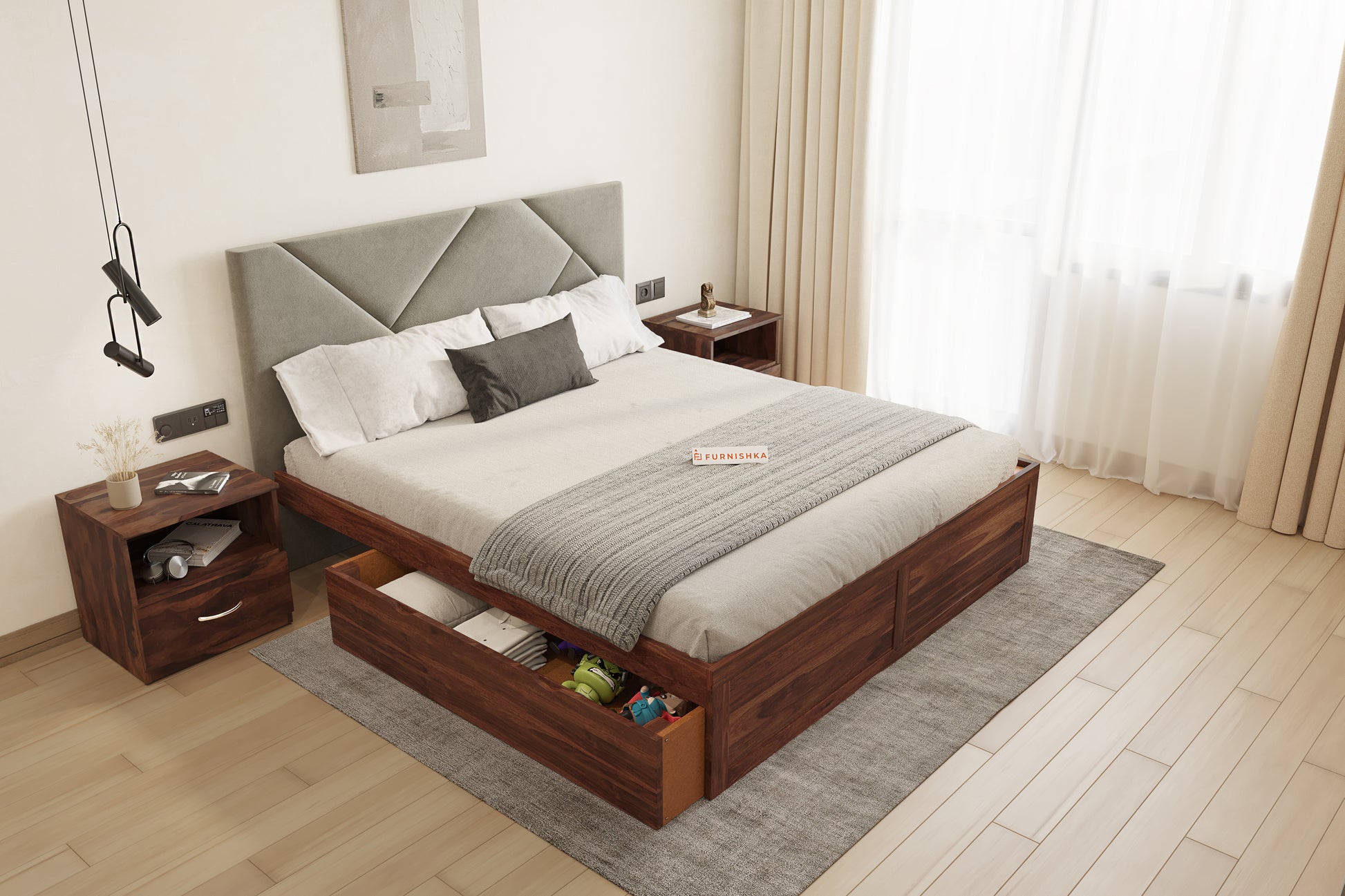 Agatha Sheesham Wood bed with Upholstered headboard Drawer Storge King Size - Furnishka 