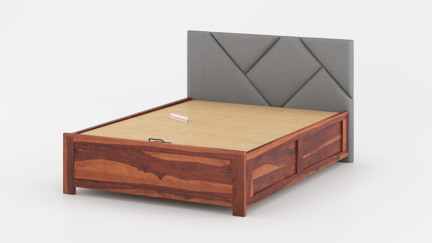 Agatha Sheesham Wood bed with Upholstered headboard Hydraulic Storage King Size - Furnishka 