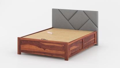Agatha Sheesham Wood bed with Upholstered headboard Hydraulic Storage King Size - Furnishka 