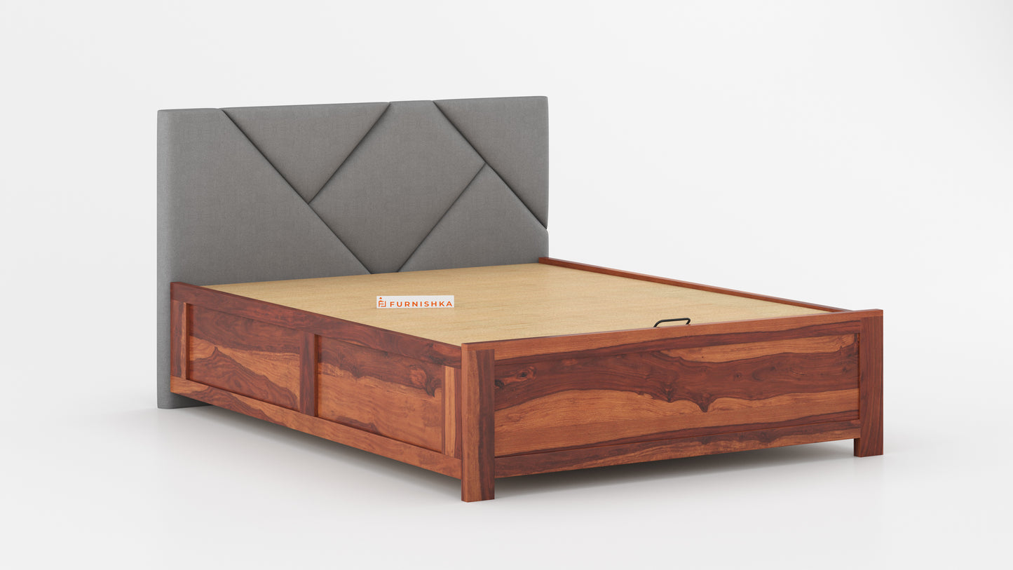 Agatha Sheesham Wood bed with Upholstered headboard Hydraulic Storage King Size - Furnishka 