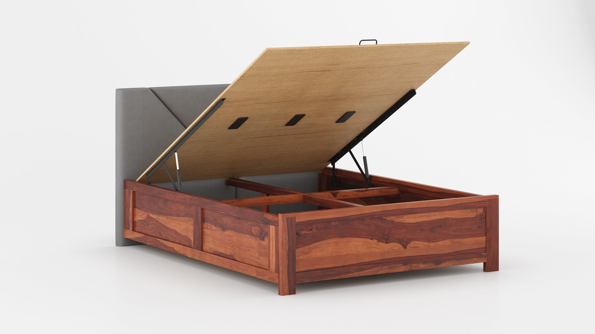 Agatha Sheesham Wood bed with Upholstered headboard Hydraulic Storage King Size - Furnishka 