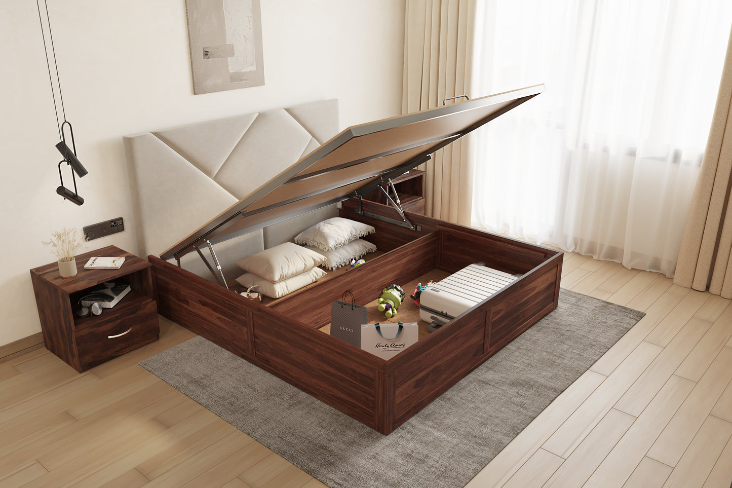 Agatha Sheesham Wood bed with Upholstered headboard Hydraulic Storage King Size - Furnishka 