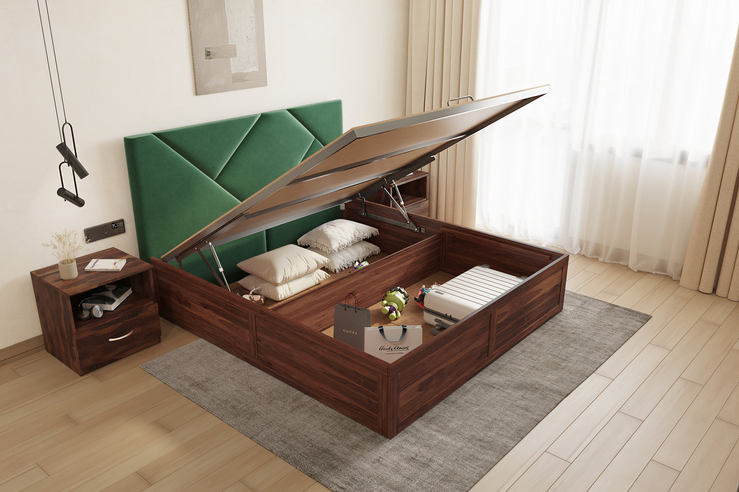 Agatha Sheesham Wood bed with Upholstered headboard Hydraulic Storage Queen Size - Furnishka 