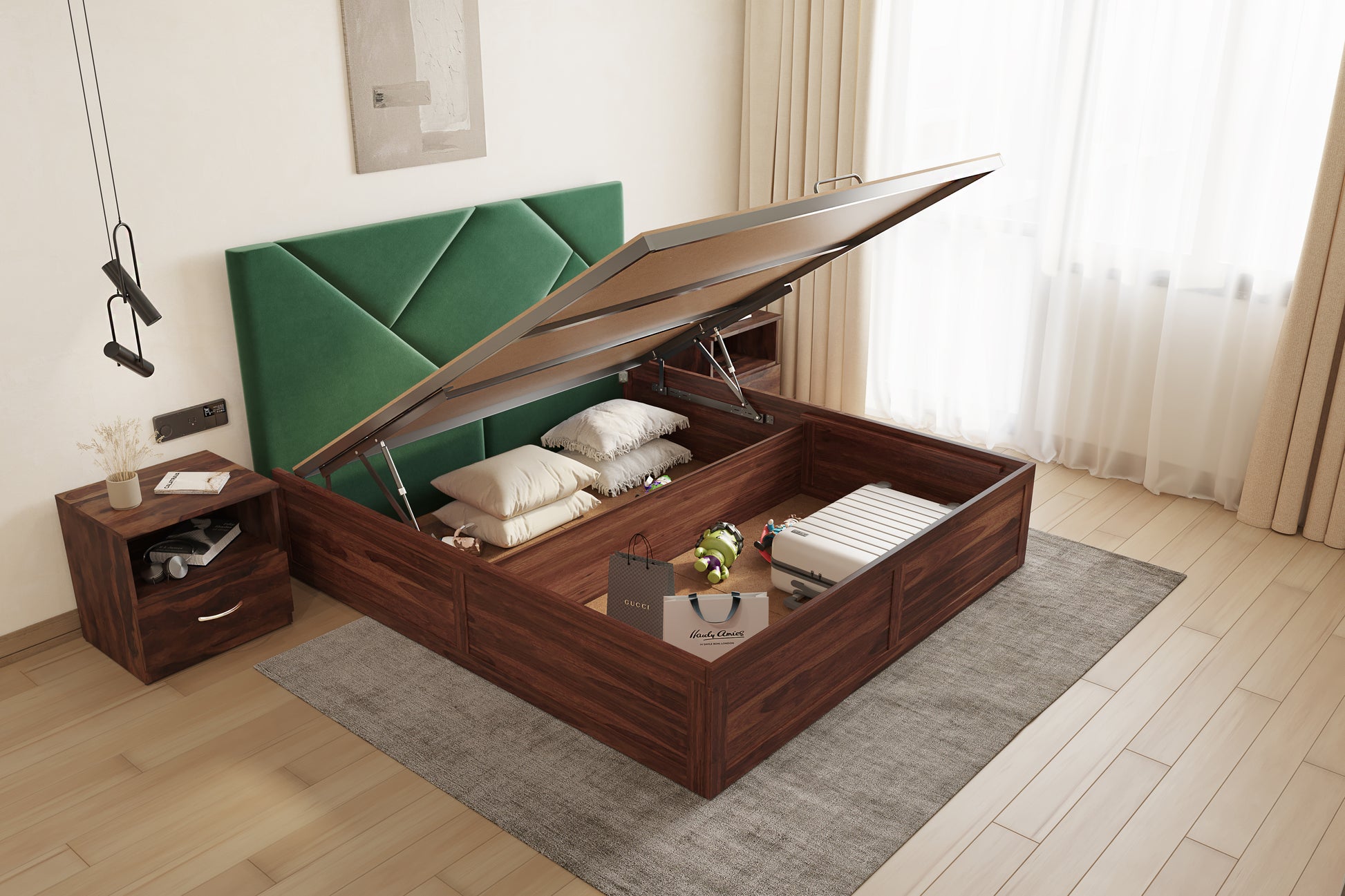 Agatha Sheesham Wood bed with Upholstered headboard Hydraulic Storage Queen Size - Furnishka 