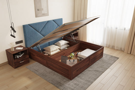 Agatha Sheesham Wood bed with Upholstered headboard Hydraulic Storage King Size - Furnishka 