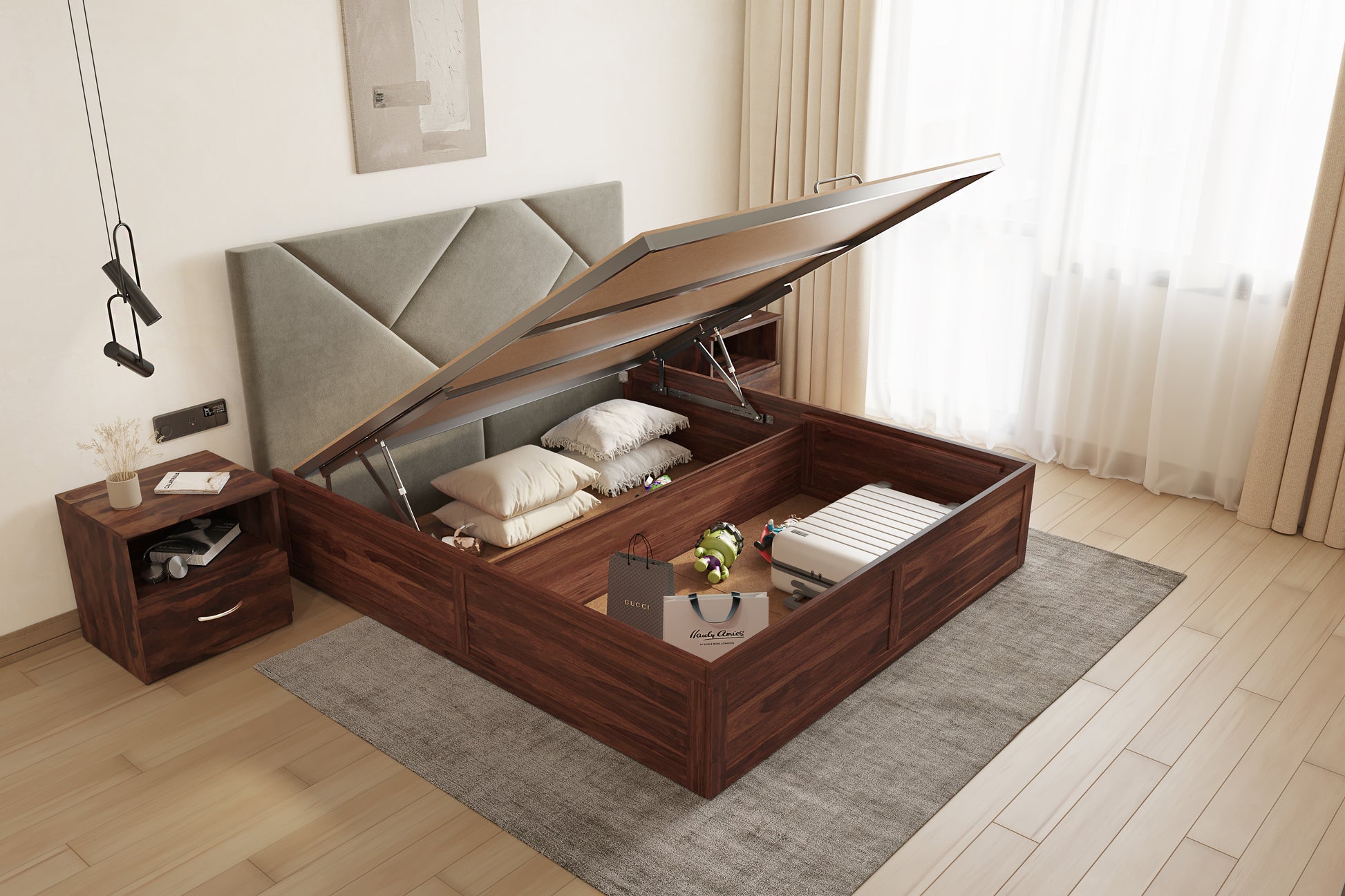 Agatha Sheesham Wood bed with Upholstered headboard Hydraulic Storage King Size - Furnishka 