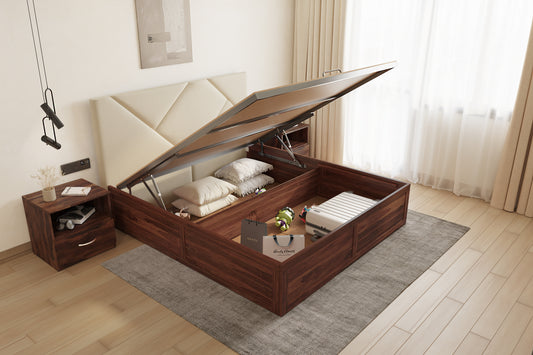 Agatha Sheesham Wood bed with Upholstered headboard Hydraulic Storage Queen Size - Furnishka 