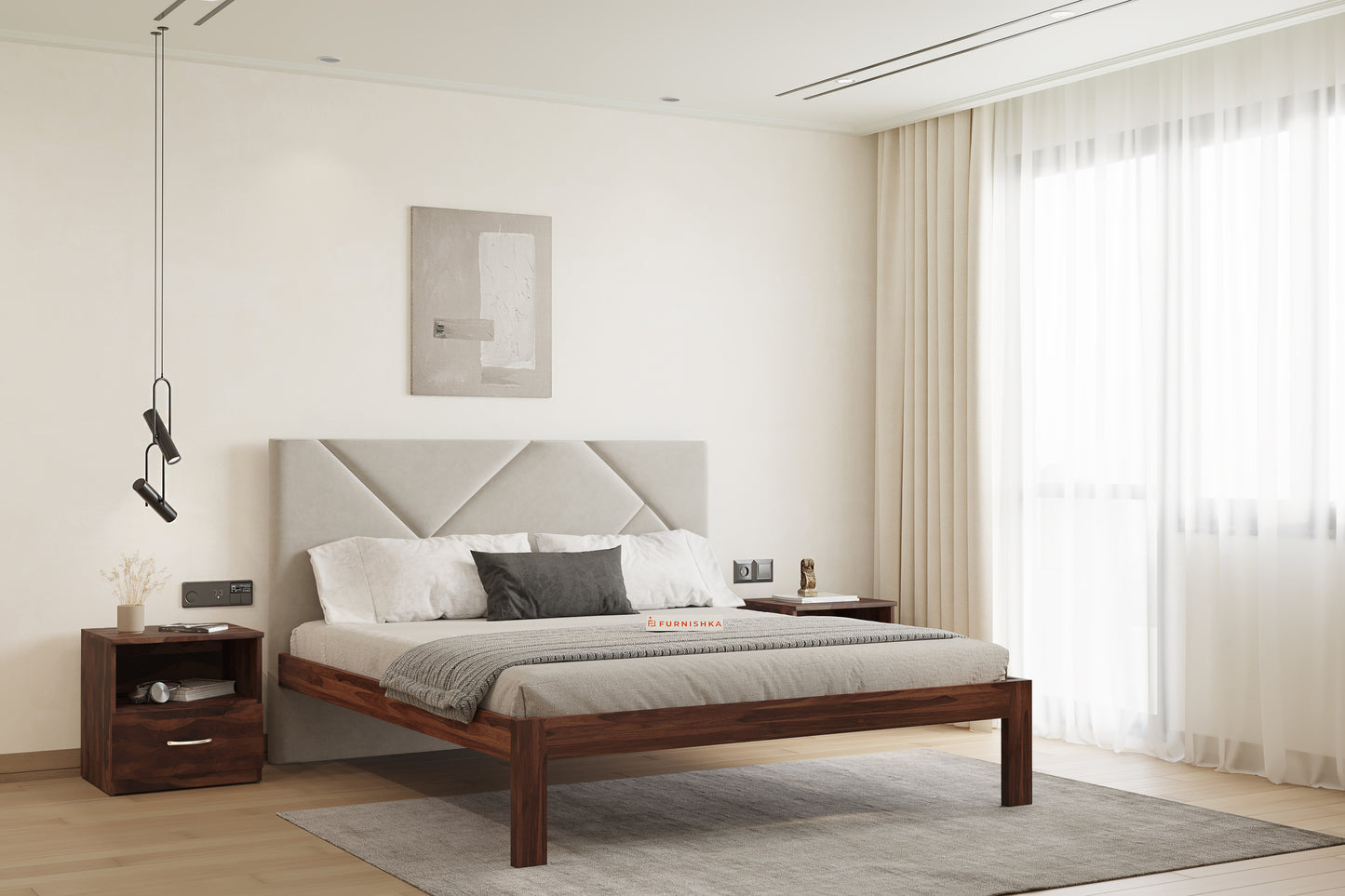 Agatha Sheesham Wood bed with Upholstered headboard Non Storage Queen Size - Furnishka 