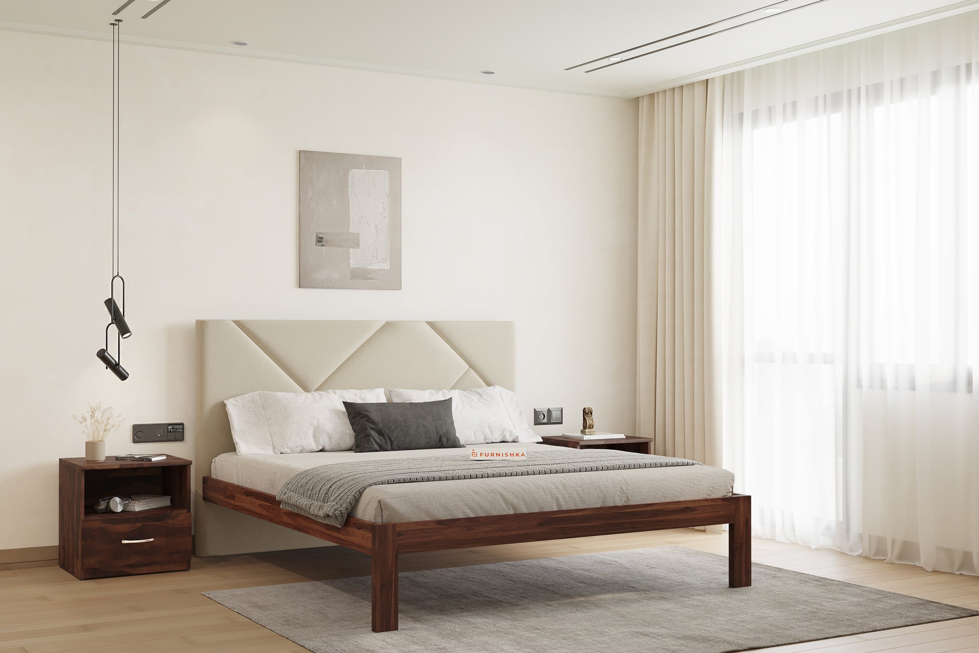 Agatha Sheesham Wood bed with Upholstered headboard Non Storage Queen Size - Furnishka 