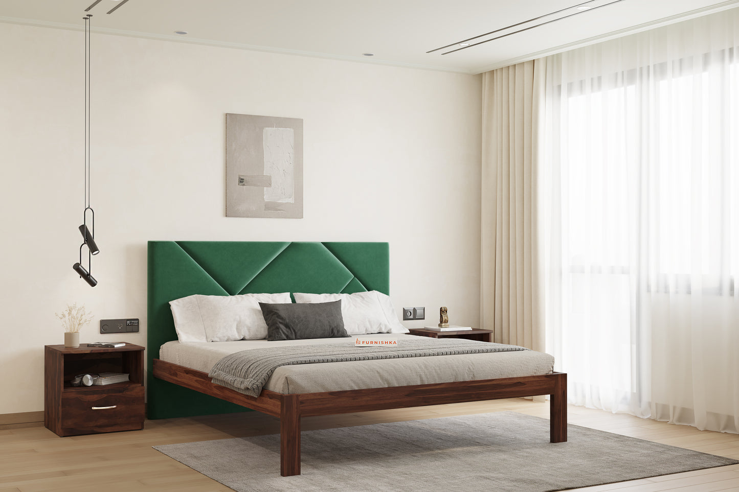 Agatha Sheesham Wood bed with Upholstered headboard Non Storage Queen Size - Furnishka 