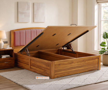 Alessia Teak Wood Bed with Hydraulic Storage Queen Size in Clay Rose Pink - Furnishka