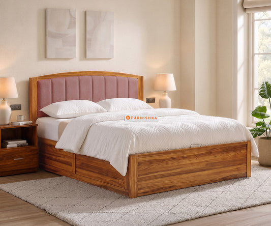 Alessia Teak Wood Bed with Hydraulic Storage Queen Size in Clay Rose Pink - Furnishka