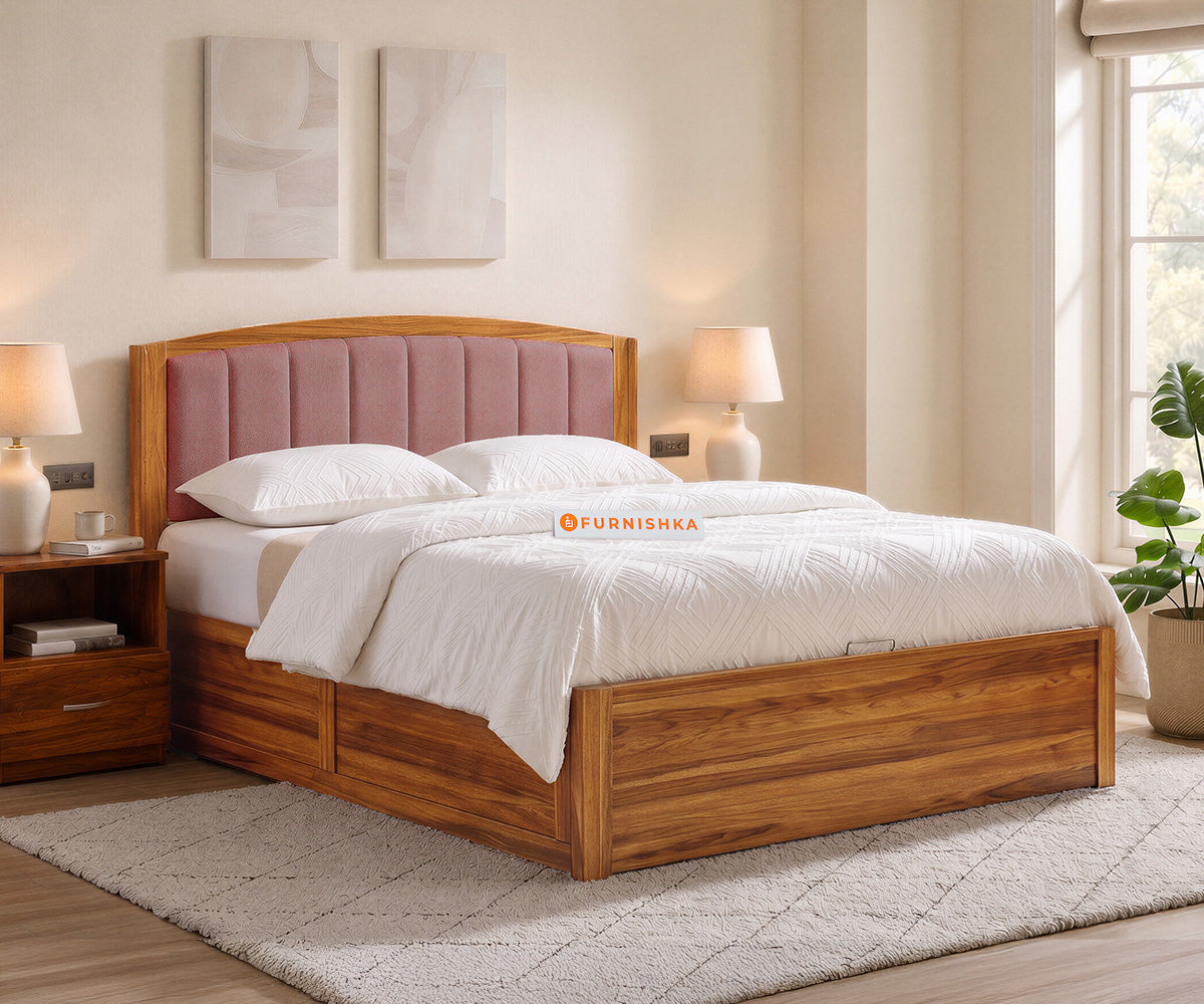 Alessia Teak Wood Bed with Hydraulic Storage Queen Size in Clay Rose Pink - Furnishka
