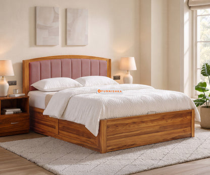Alessia Teak Wood Bed with Hydraulic Storage Queen Size in Clay Rose Pink - Furnishka