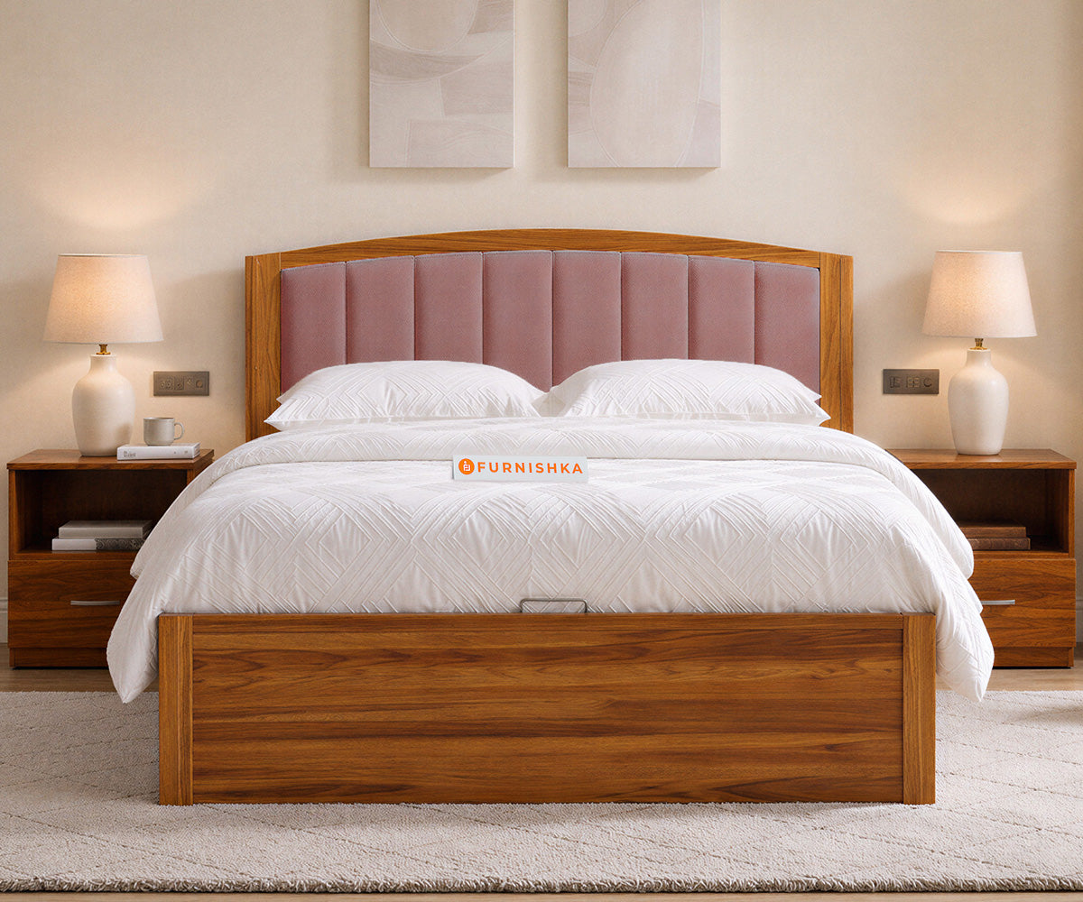 Alessia Teak Wood Bed with Hydraulic Storage Queen Size in Clay Rose Pink - Furnishka