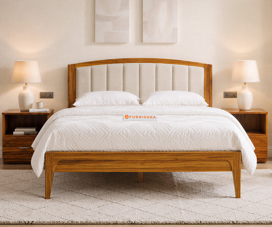 Alessia Teak Wood Bed with Non Storage Queen Size in Bone White - Furnishka