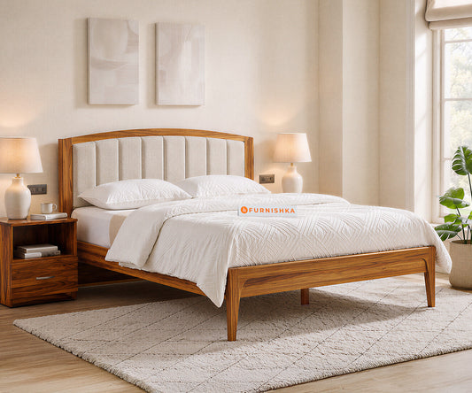 Alessia Teak Wood Bed with Non Storage Queen Size in Bone White - Furnishka