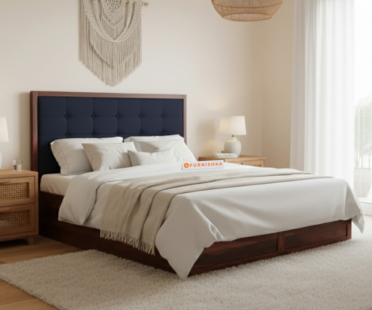 Amblyn Sheesham Wood Box Storage Bed King Size - Persian Blue - Furnishka 