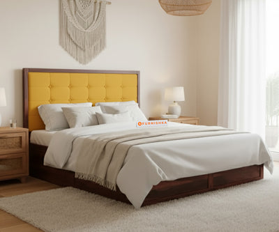Amblyn Sheesham Wood Box Storage Bed Queen Size - Mustard Yellow