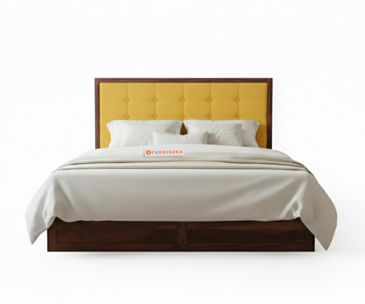 Amblyn Sheesham Wood Box Storage Bed Queen Size - Mustard Yellow - Furnishka 