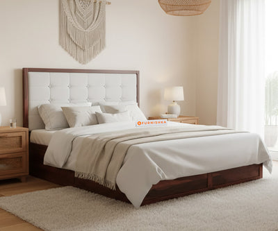 Amblyn Sheesham Wood Box Storage Bed Queen Size - Trout Light Grey