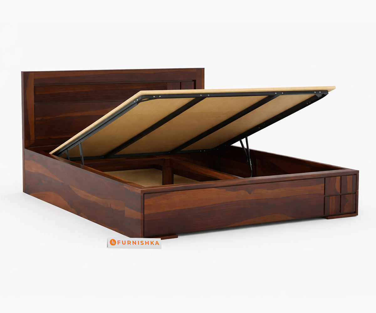 Amelia Sheesham wood Hydraulic Storage Bed Queen Size - Furnishka 